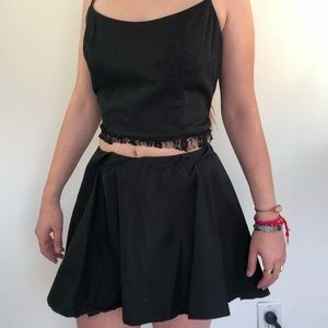 Two piece black lace crop top and skirt